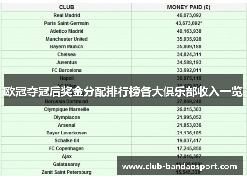 欧冠夺冠后奖金分配排行榜各大俱乐部收入一览