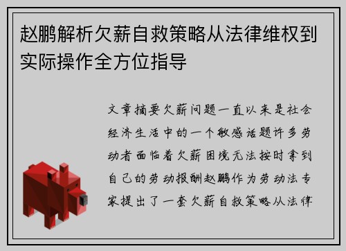 赵鹏解析欠薪自救策略从法律维权到实际操作全方位指导