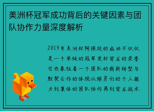 美洲杯冠军成功背后的关键因素与团队协作力量深度解析